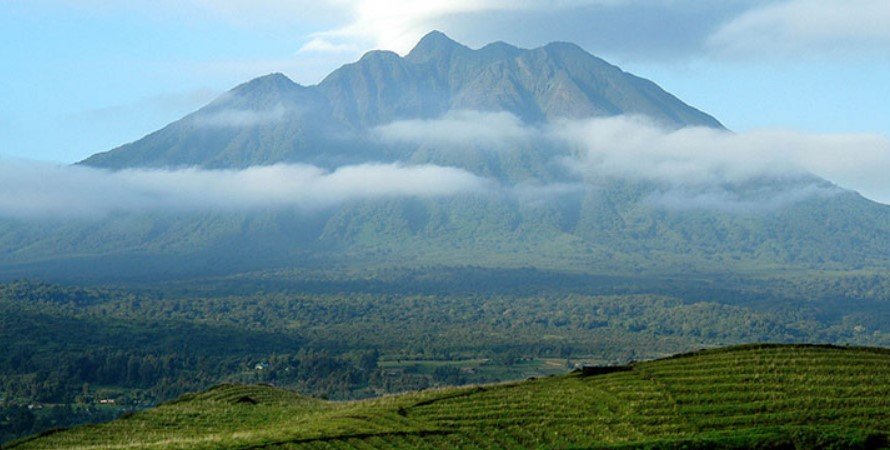 Virunga Mountain views and lodge gardens in Rwanda