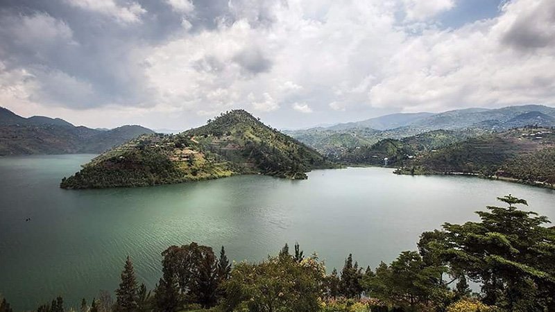 Scenic views above Lakes Bulera and Ruhondo near Volcanoes National Park Rwanda